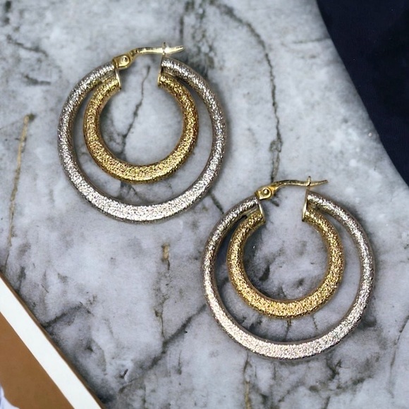 Vintage Two Tone Large Sterling Silver Textured Hoops Double hoop w/ yellow gold - Picture 1 of 15